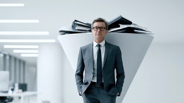 A businessman standing confidently with hands in pockets in front of a large funnel filled with folders and documents, symbolizing information overload and the challenge of organization