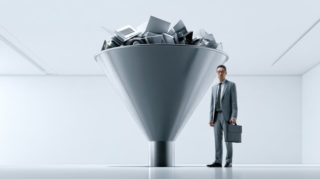 A businessman stands next to a giant funnel filled with various electronic devices, symbolizing data processing or technology integration