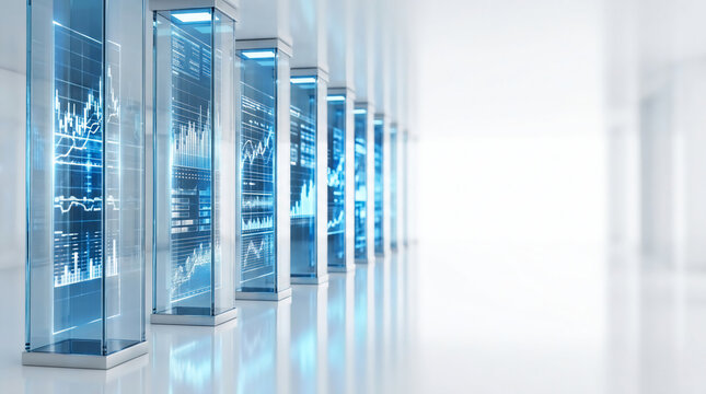 Futuristic data center with glass server towers displaying glowing financial stock market charts and digital analytics in a bright white minimalist tech environment, 3D illustration.