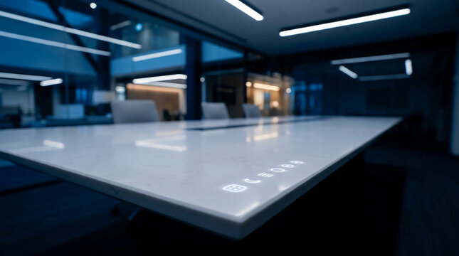 Futuristic smart conference table with glowing touch interface in a dark modern corporate boardroom featuring sleek minimalist design, blue cinematic lighting, and innovative technology.