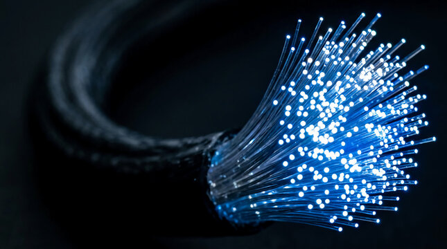 High Speed Fiber Optic Cable Glowing with Blue Light for Fast Data Transmission in Modern Telecommunication Network against Dark Background, Macro Photography of Digital Connectivity