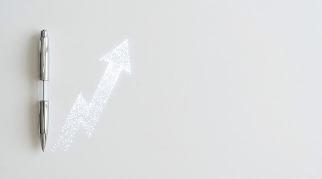 Professional silver ballpoint pen lying next to a glowing white upward pointing arrow made of sparkling light particles on a minimalist white background symbolizing business growth success