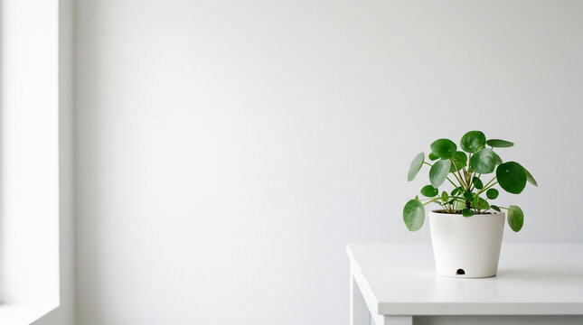 Pilea peperomioides houseplant sitting on a white table in a minimalist bright room with natural soft lighting and white tones, creating a clean and airy interior design photography.