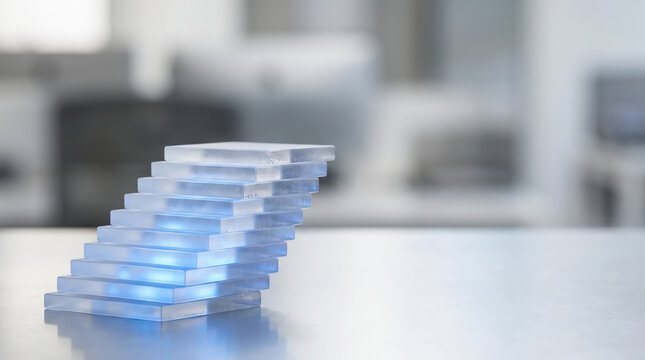Abstract Stack of Glowing Blue Glass Blocks Forming a Rising Staircase on a Reflective Desk in a Modern Office, Symbolizing Growth, Success, and Innovative Technology Solutions