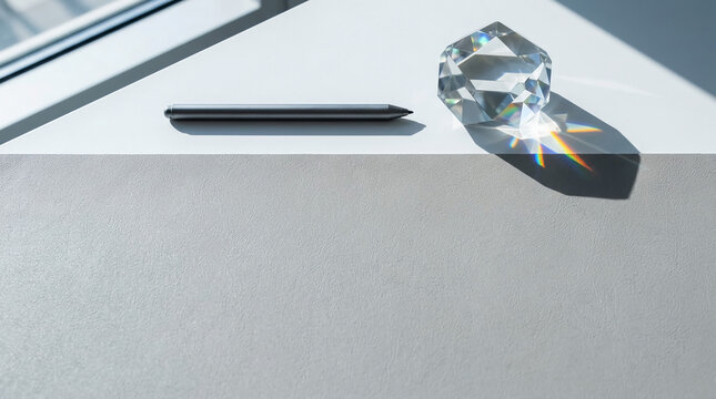 Minimalist Digital Stylus Pen and Faceted Crystal Prism on Modern White Desk in Bright Natural Sunlight Casting Sharp Shadows and Rainbow Light Refractions in Professional Workspace