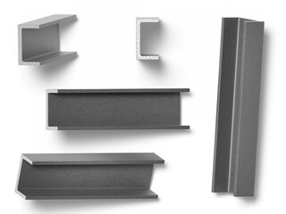 Set of steel C channel beams and structural metal profiles isolated on white bg. 3D render of U channel iron rolled products for building construction, architecture and industry. 3D illustration © marozhkastudio