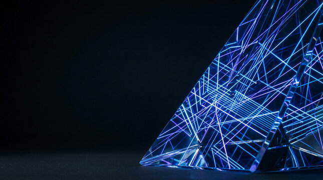 Futuristic Glass Pyramid Glowing with Blue and Purple Laser Lights on a Dark Background, Representing Cyber Security, Artificial Intelligence, and Advanced Data Technology Infrastructure