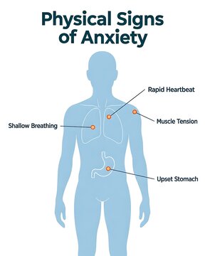 Physical signs of anxiety educational infographic with human body map showing somatic symptoms of stress and panic

