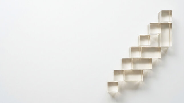 Minimalist transparent glass cubes forming a staircase ascending towards success on a white background, symbolizing business growth, career progression, and professional development.