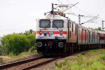 Indian Railways high-speed electric passenger locomotive in close up © libin