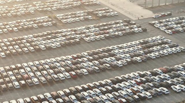 Large vehicle storage yard containing thousands of new cars organized in dense parallel rows, with unpaved access lanes and vegetation strips dividing storage sections, illustrating automotive invento