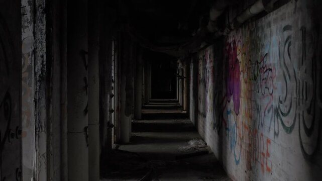 Shadowy figure is seen on the graffiti-covered passage wall in an abandoned factory, creating an atmospheric scene of fear, suspense and tension, static tripod shot
