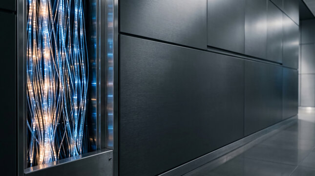 Futuristic glowing fiber optic cables illuminating a modern dark metallic wall in a high-tech corporate office or data center interior with sleek reflective flooring and blue lighting.