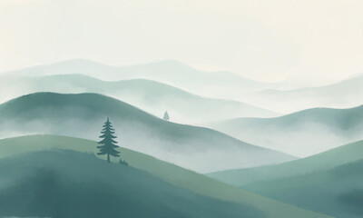Mountain landscape with lonely spruce, watercolor digital illustration. Seamless border, pattern for backgrounds, banners, posters, greeting cards, wellness and nature themes and calm aesthetic design © Elena