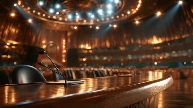 Empty wooden counter with microphone and leather chair beneath glowing circular lights in warmly illuminated elegant interior, cinematic hospitality setting