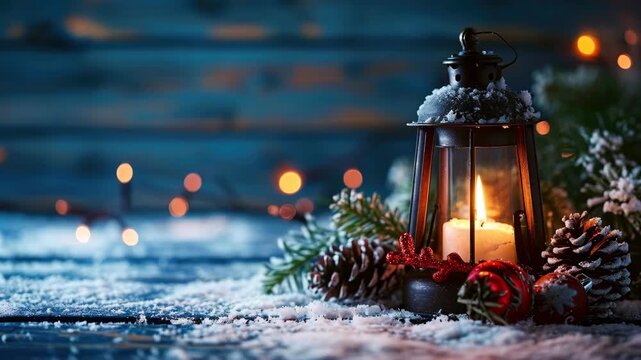 Cozy Lit Lantern with Candle and Pine Cones in Snowy Winter Scene