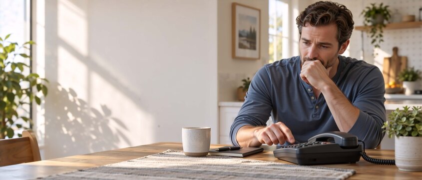 Middle-aged Caucasian man contemplating making difficult phone call at home, therapy concept, hesitant and thoughtful, seeking help, adult, wide shot with copy space
