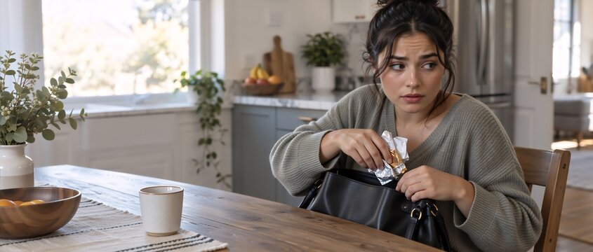 Young woman with dark hair in a grey sweater, sitting at a wooden table in a kitchen, furtively hiding food wrappers in her black handbag