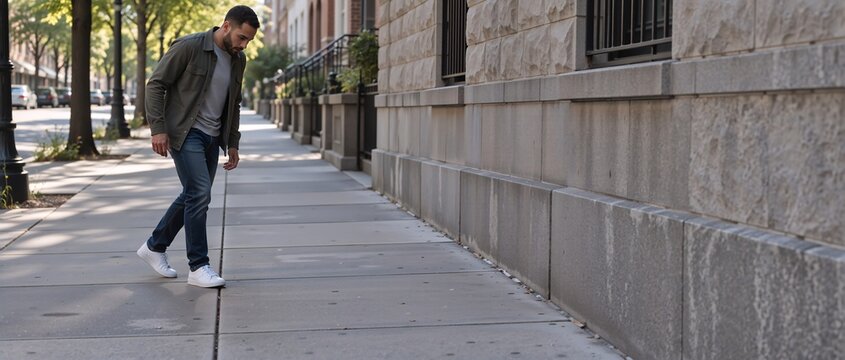 Young adult man with beard, wearing casual shirt and jeans, walking on city sidewalk and looking down at steps, suggesting OCD or repetitive behavior, with copy space on the right side of the frame