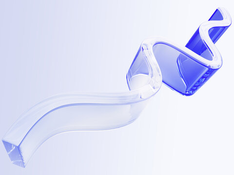 Blue transparent liquid glass wavy ribbon, abstract water wave isolated on soft background. 3D render of smooth geometric curve line for modern design, presentation, banner, cover art. 3D illustration