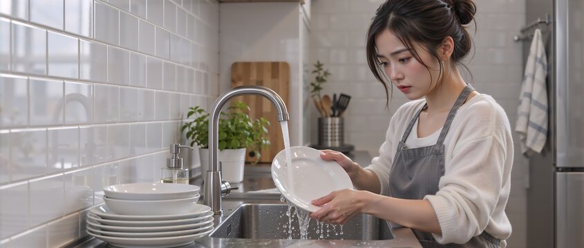 Young Asian woman washing dishes in kitchen sink. Repetitive task and OCD behavior. Cleanliness and hygiene focus. Bright, modern kitchen. Close-up shot. Copy space