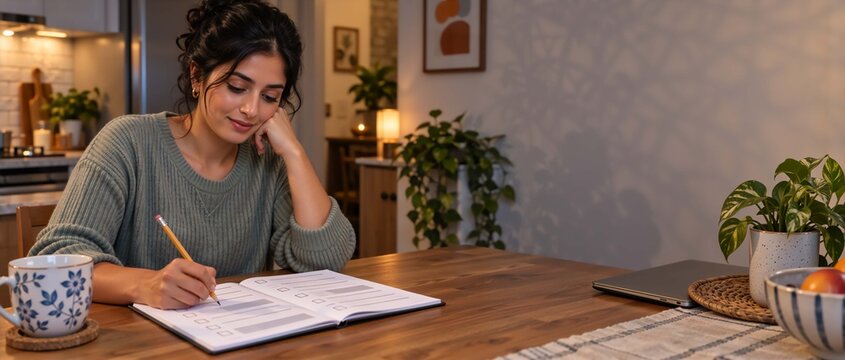 Young Indian woman writing in thought journal at kitchen table. Woman with dark hair, wearing casual sweater. Concept of therapy, CBT, self-reflection, mental wellness, journaling