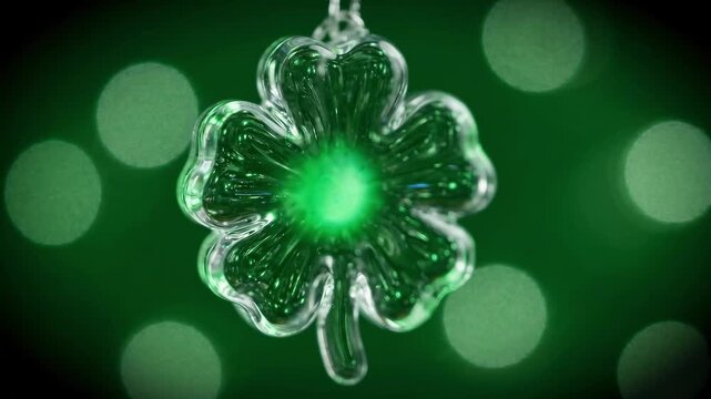 Glass shamrock pendant with glowing green center rotating on green bokeh background. Saint Patrick day symbol of luck. Transparent four leaf clover decoration