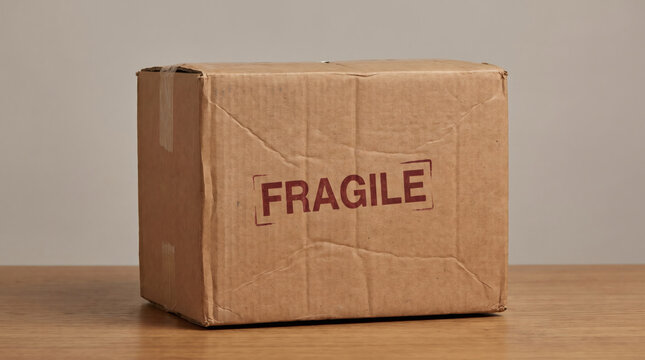 Cardboard delivery box with fragile stamp sitting on a wooden table