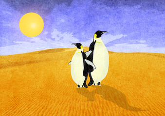 Ilustracja grafika dwa pingwiny stojące na pustyni. © Monika
