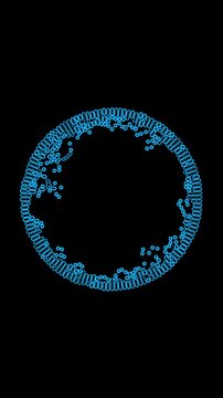 Dense blue spiral coil slinky ring with circular spring loops and loose particles on black background, vertical video asset