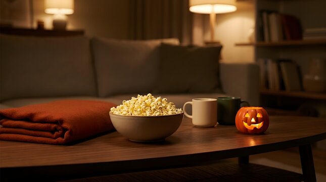 Bowl of Popcorn and Mug in a Cozy Living Room with Warm Lamp Light