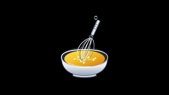 Kitchen whisk mixing yellow eggs in a bowl isolated