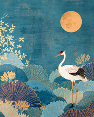 Fototapeta premium Crane birds in sakura garden on blue sky background . Abstract, Japanese, traditional motif. Dark pond water with lotus flowers and waterlilies. Beautiful seamless pattern. Oriental ornament design
