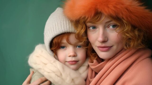 Portrait of a woman and child with red hair in winter hats