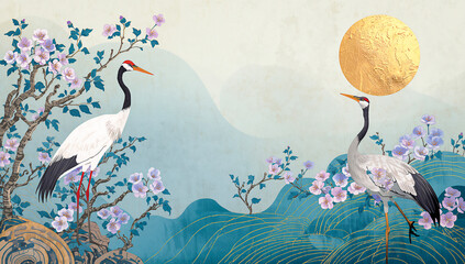Fototapeta premium Crane birds in sakura garden on blue sky background . Abstract, Japanese, traditional motif. Dark pond water with lotus flowers and waterlilies. Beautiful seamless pattern. Oriental ornament design