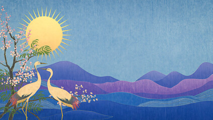 Fototapeta premium Crane birds in sakura garden on blue sky background . Abstract, Japanese, traditional motif. Dark pond water with lotus flowers and waterlilies. Beautiful seamless pattern. Oriental ornament design