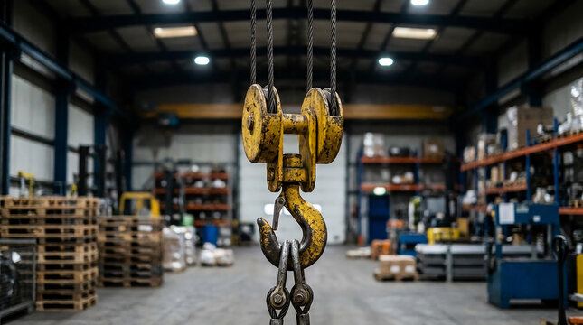 A large industrial hook hangs in the foreground of a spacious, organized warehouse filled with shelves, pallets, and machinery under bright overhead lighting.