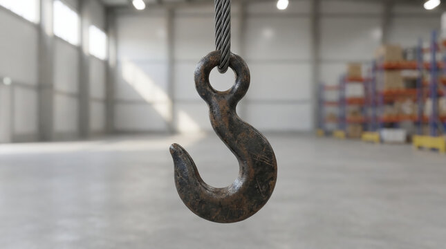 A close-up of a rusted metal hook suspended by a thick cable in a spacious industrial warehouse.