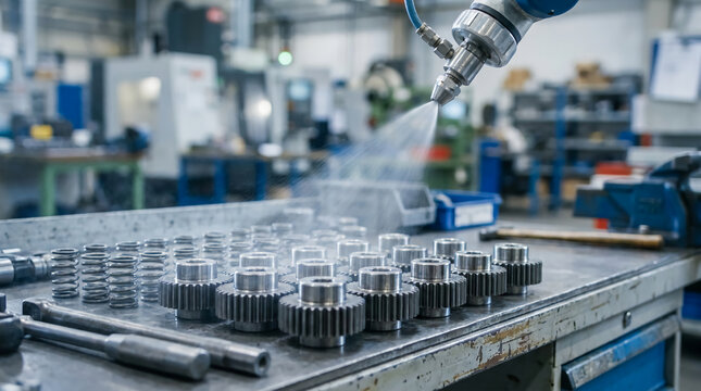 Industrial robotic arm spraying lubricant on metal gears in a factory workshop setting.