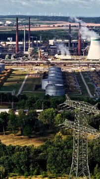 Aerial parallax view of oil refinery with storage tanks smoke stacks and cooling tower near Schwedt Oder Germany