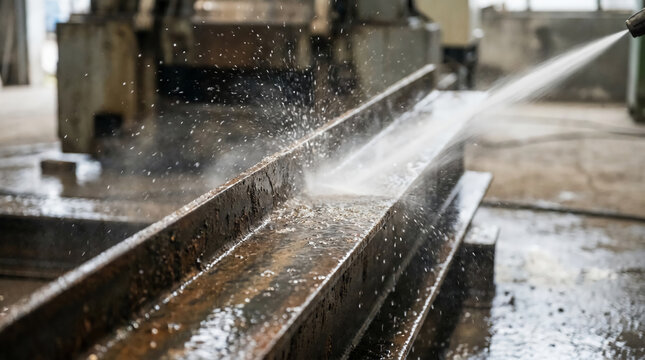 A high-pressure water jet cleans rust and debris from a metal beam inside an industrial workshop.