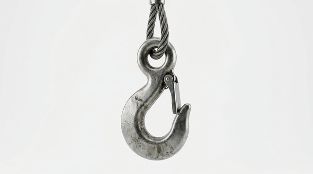 A close-up image of a metal industrial hook attached to a steel cable against a plain white background.