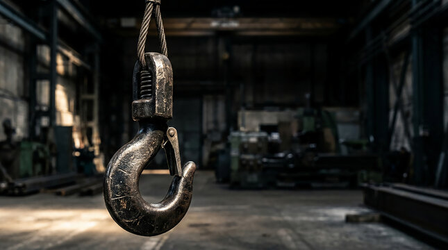 A close-up of a heavy industrial hook suspended by a cable inside a dimly lit factory or warehouse.