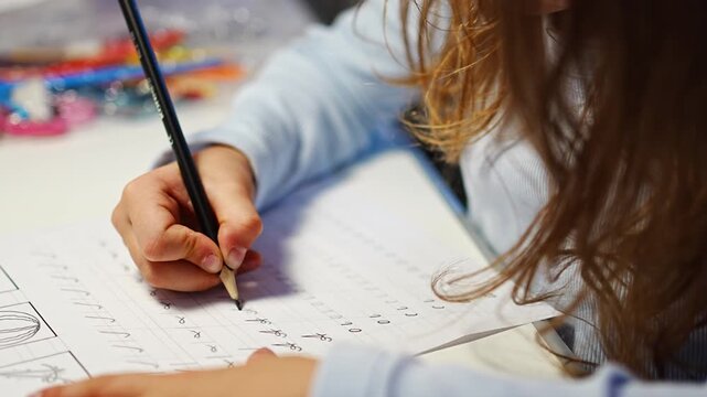 First grade girl practices handwriting with pencil in school workbook. Child learns to write letters during early education with selective focus and shallow depth of field
