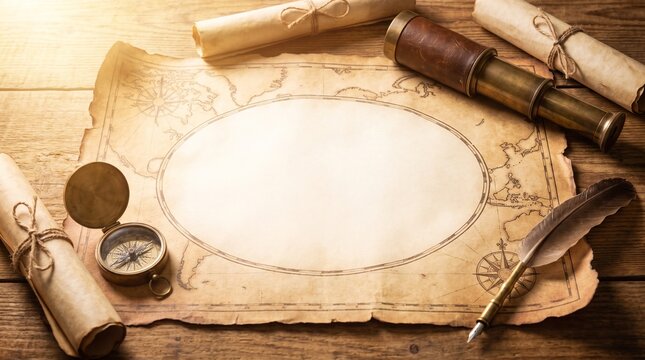 Vintage explorer map with old compass, spyglass telescope, quill pen, and rolled scrolls on a wooden table