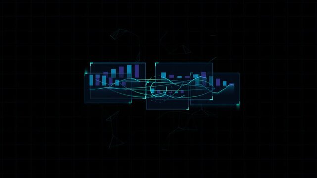 Digital holographic interface displaying financial charts and data streams against a dark grid background representing technology and information flow