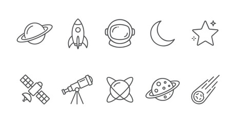 Space and astronomy icon set outline planet rocket astronaut helmet moon star satellite telescope orbit meteor symbol vector collection isolated white background © MkJutt