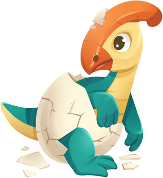 Cute Baby Parasaurolophus Dinosaur Hatching from Egg Illustration