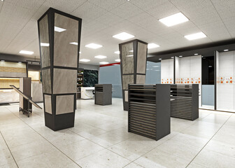 Obraz premium Contemporary tile and stone showroom with display columns stone displays flooring store marble slabs interior design building materials home renovation architectural materials floor samples