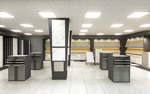 Marble and ceramic tile store with modern storage racks tile showroom marble tiles ceramic samples flooring store stone displays interior design home renovation building materials floor tiles